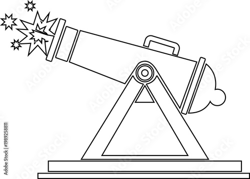 Cannon artillery weapon icon in black flat and line style vector illustration, military gun blast explosion symbol pack minimal outline design