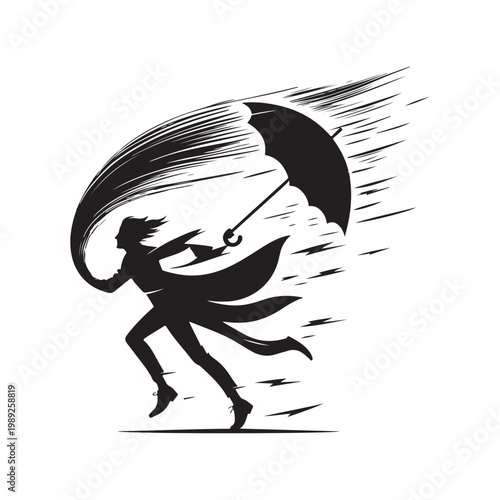 Photos Storm Chaser with Windblown Coat and umbrella bending, lightning flash vector silhouette logo design illustration