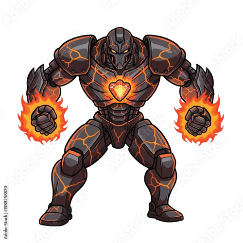 Powerful Fiery Golem Warrior with Glowing Hands.