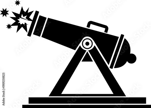 Cannon artillery weapon icon in black flat and line style vector illustration, military gun blast explosion symbol pack minimal outline design