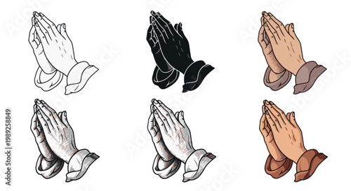 A collection of six praying hands in various styles including outline, silhouette, and color hatching, ideal for expressing faith, hope, and spirituality.
