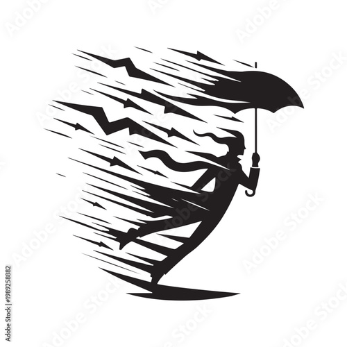 Storm Chaser with Windblown Coat and umbrella bending, lightning flash vector silhouette logo design illustration. abstract storm chaser icon set collection