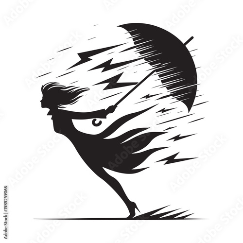 Foto Storm Chaser with Windblown Coat and umbrella bending, lightning flash vector silhouette logo design illustration