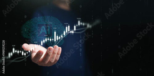 Artificial intelligence analyzing financial data for smart investment concept. Human hand holding glowing candlestick chart and AI brain circuit icon for predictive stock market trading and profit.