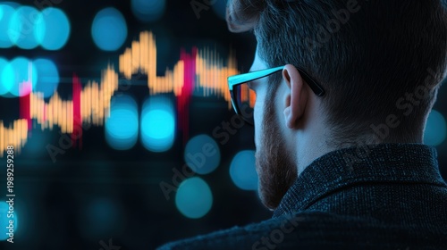 Professional trader analyzing gold prices on a screen, with fluctuating numbers in the background.