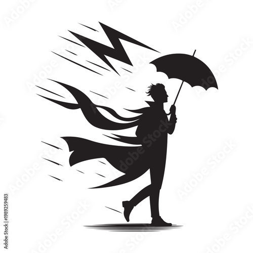 Photos Storm Chaser with Windblown Coat and umbrella bending, lightning flash vector silhouette logo design illustration