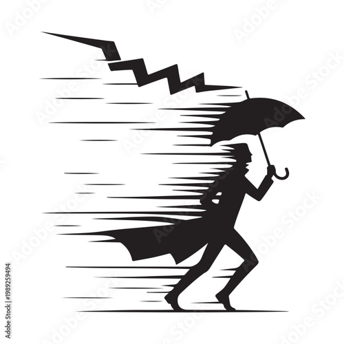 Konstfotografi Storm Chaser with Windblown Coat and umbrella bending, lightning flash vector silhouette logo design illustration