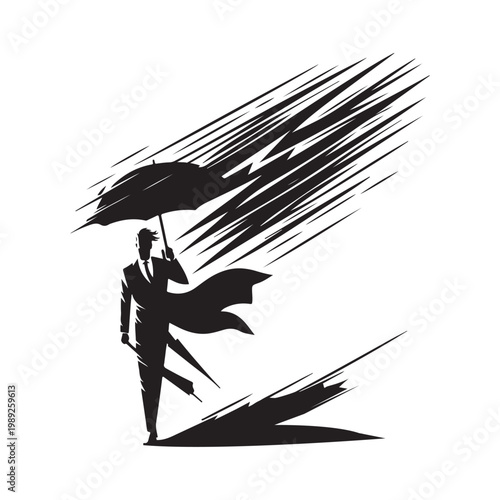 Obraz na plátně Storm Chaser with Windblown Coat and umbrella bending, lightning flash vector silhouette logo design illustration