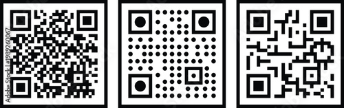 QR code vector icon set with three black and white square barcode variations in flat minimal style, editable scan symbols collection for mobile payment apps, authentication systems and tech branding