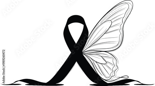 Black ribbon with butterfly wings symbol of awareness and transformation