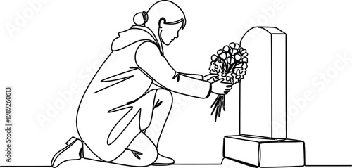 A somber scene of a person paying respects at a gravesite with flowers