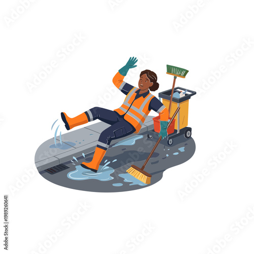 Woman Slips on Wet Floor While Cleaning with Broom and Mop in Industrial Area