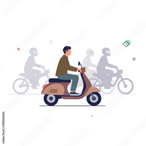 Man riding brown scooter with others in background on road