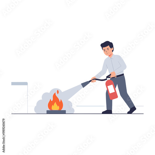 Man extinguishing fire with extinguisher in office setting quickly