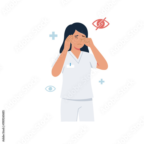 Woman experiencing eye strain while working as a medical professional indoors.