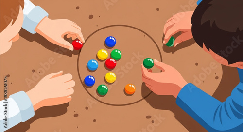 Top-Down Illustration of Children Playing a Traditional Marbles Game
