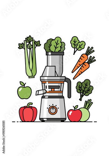 Juice extractor with fresh vegetables and fruits in colorful style  