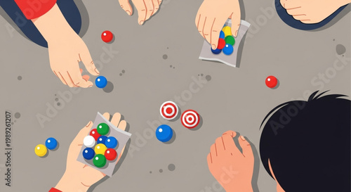 Top-Down View of Children Playing Traditional Marbles Game