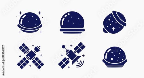 Minimalist space exploration icons, set of 6 navy blue vector silhouettes, celestial planets and satellite technology symbols for UI design