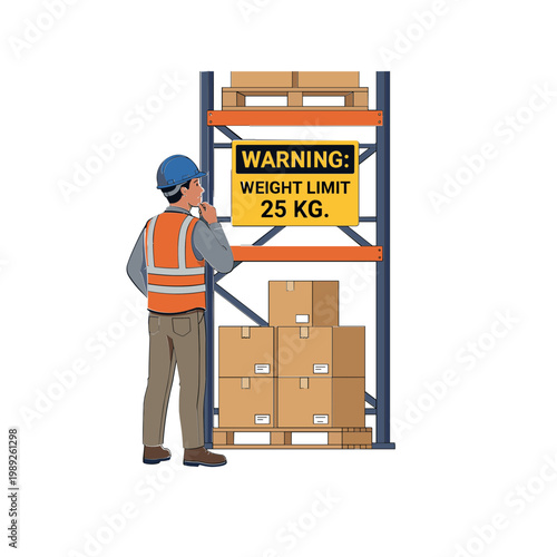 A worker in a warehouse checks a weight limit sign on a shelving unit loaded with boxes.