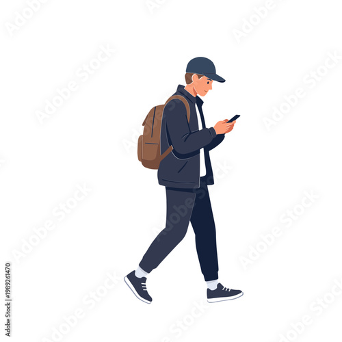 Man walks while checking phone with backpack on