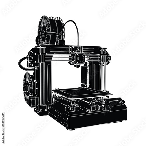 Industrial 3d printer silhouette set bundle, modern manufacturing device.
