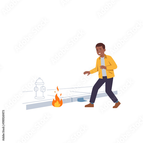 Man walks over a burning fire hydrant on the sidewalk carefully