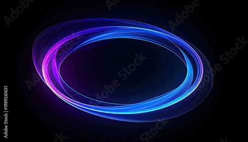 Luminous oval ribbons loop and orbit in a dark void, blending blues and purples