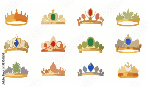 Royal crown and princess tiara vector set with golden jewelry and gemstone decorations for luxury accessory design illustration