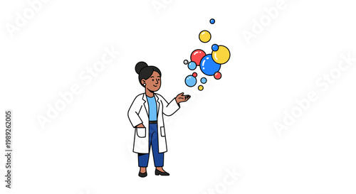 Female scientist in lab coat with colorful bubbles emerging from her hand, representing ideas and innovation