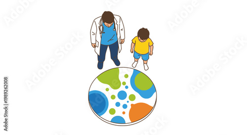 Doctor and child looking down at a colorful globe, representing global health and pediatric care