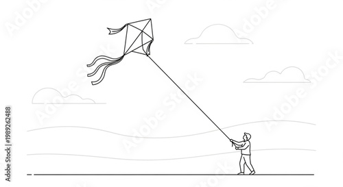 Minimalist Illustration of a Person Flying a Kite