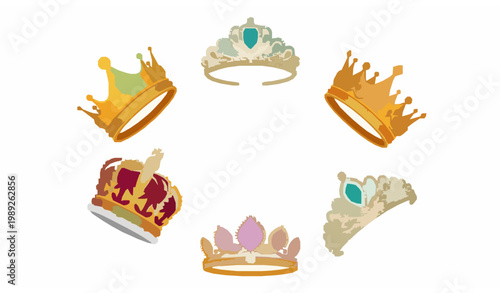 Royal crown vector set in circular layout with golden tiaras and gemstone jewelry for luxury princess and queen accessories design