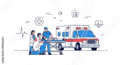 Emergency Medical Team Rescues Patient with Ambulance and Medical Icons