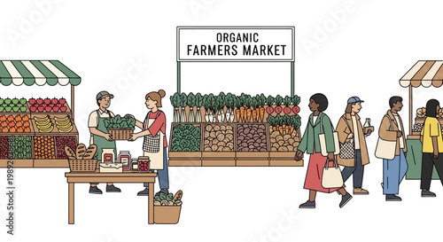 Diverse shoppers browse stalls at a vibrant organic farmers market with fresh produce and artisanal goods.