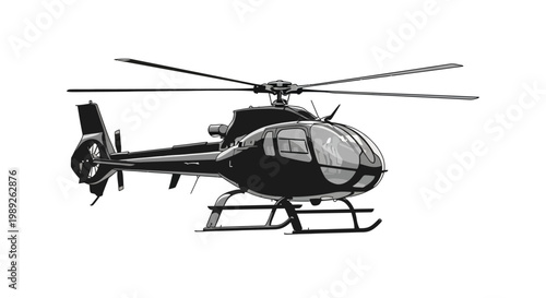 Sleek Black Helicopter Isolated on White Background - Modern Aviation Transport