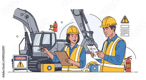 Construction workers inspecting excavator, safety equipment, planning project