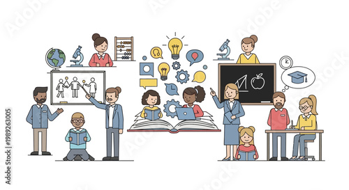 Diverse classroom learning, education icons, teachers guiding students, creativity and knowledge