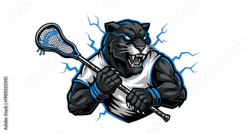 Dynamic panther mascot illustration gripping a lacrosse stick, featuring fierce expression and electric blue lightning accents for team branding.