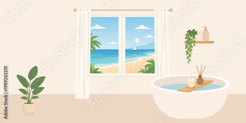 Bathroom interior with bathtub overlooking ocean view. Relaxing spa atmosphere with houseplant and sea landscape outside window. Comfortable home lifestyle and vacation travel concept.