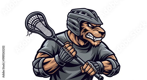 A powerful and aggressive mountain lion mascot dressed in lacrosse gear, ideal for sports team logos and athletic branding.