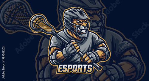 Fierce tiger lacrosse mascot illustration designed for esports teams and competitive sports branding. Aggressive vector logo design.