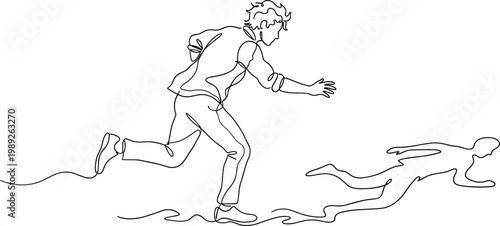 Chasing goals concept man running after shadow ambition pursuit motivation success failure fear minimal line art illustration