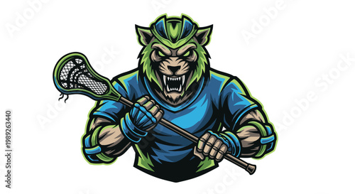 An aggressive cougar mascot wearing lacrosse gear and holding a stick, designed in a bold esports logo style with neon green and blue accents.