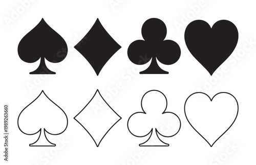 Set of playing card suit icons with spade heart diamond and club symbols in solid black and outline art style.
