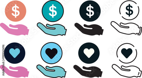 Charity donation icon set. Hand giving money coin symbol,Essential social welfare and care icons, modern graphics for global relief funds, food drives, community support.
