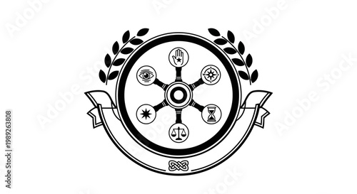 Esoteric Symbol Wheel with Laurel Wreath and Ribbon