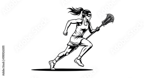 Dynamic black and white vector illustration of a determined female lacrosse player sprinting with her stick. Perfect for sports branding and team logos.