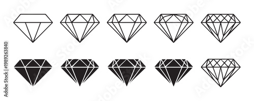 Diamond outline solid icons faceted precious gem crystal jewelry symbol set graphic design vector illustration.
