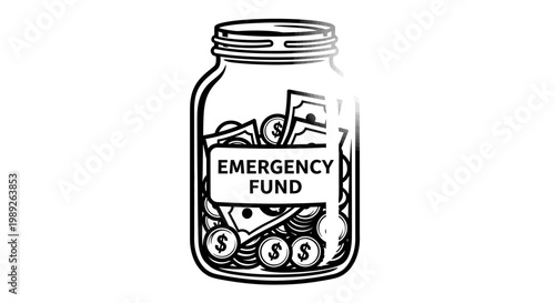 Emergency Fund Jar with Money and Coins, Financial Security Concept